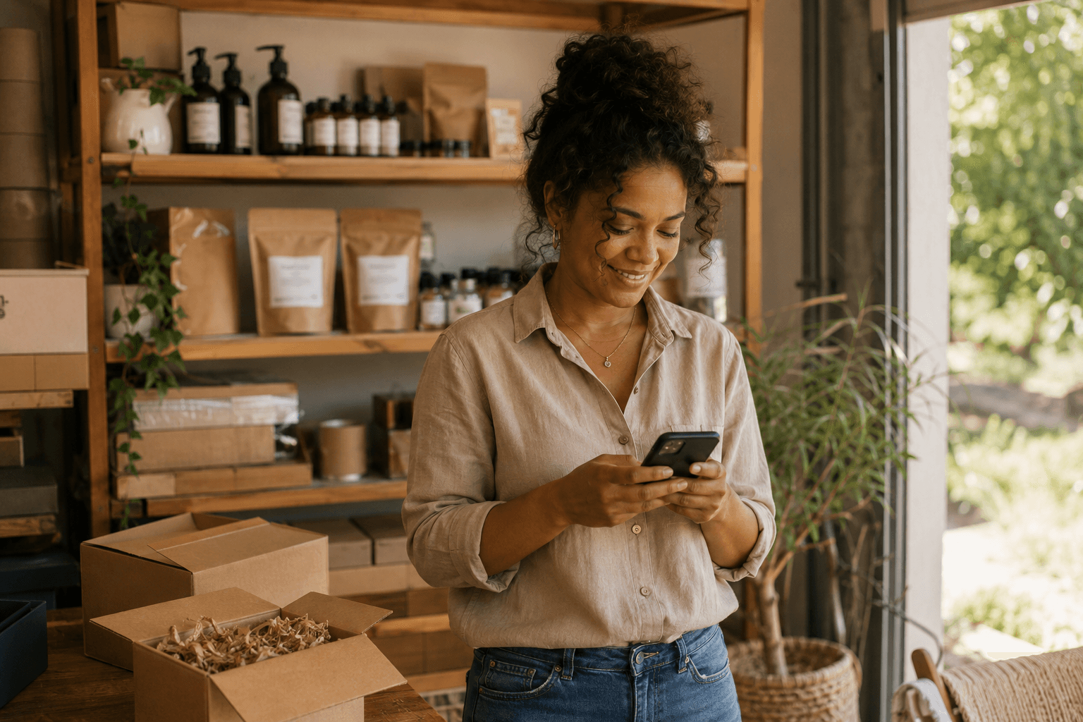 A South African small business owner checking their smartphone near shelves of packaged products.