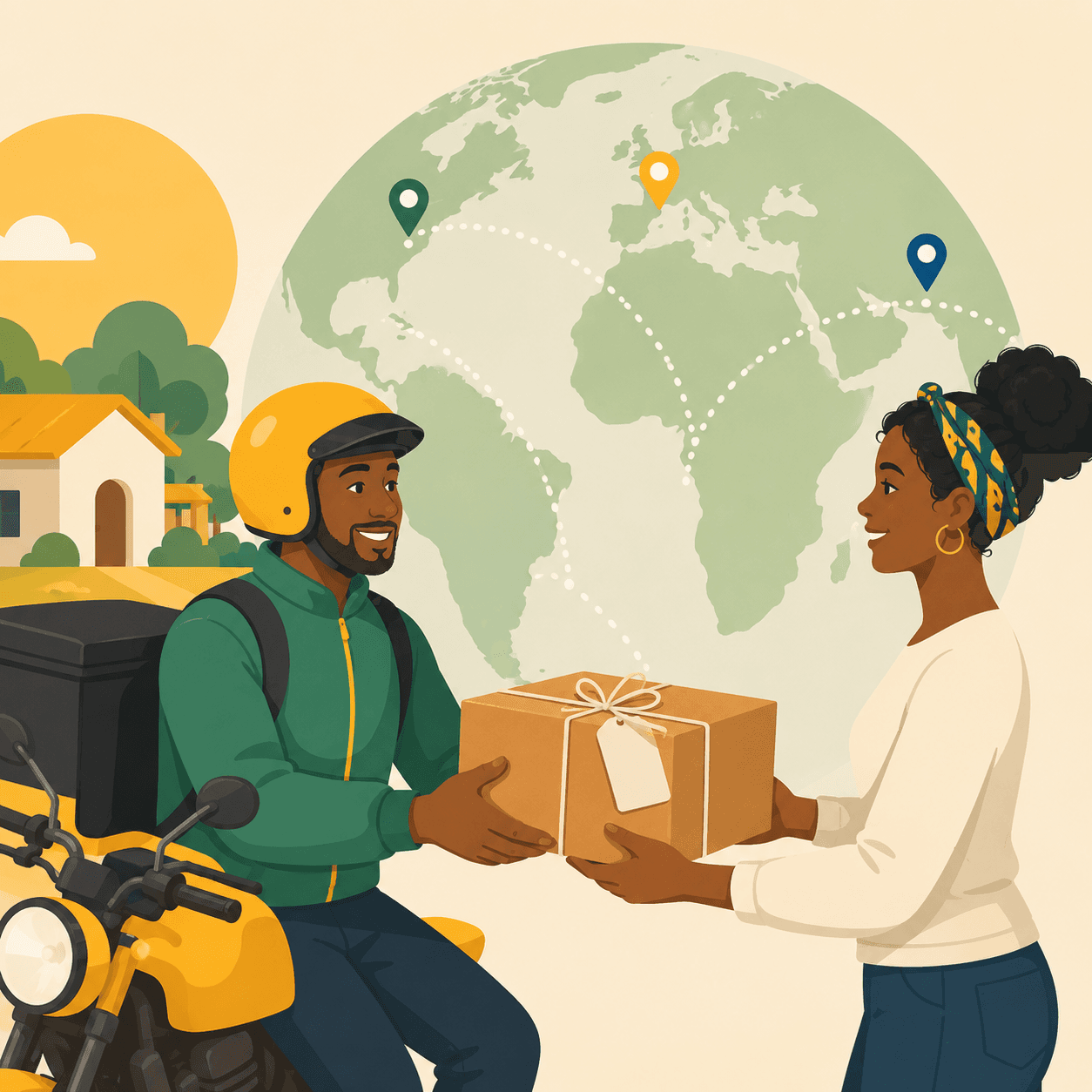 A local courier handing a parcel to a customer, set against a world map showing international shipping routes.