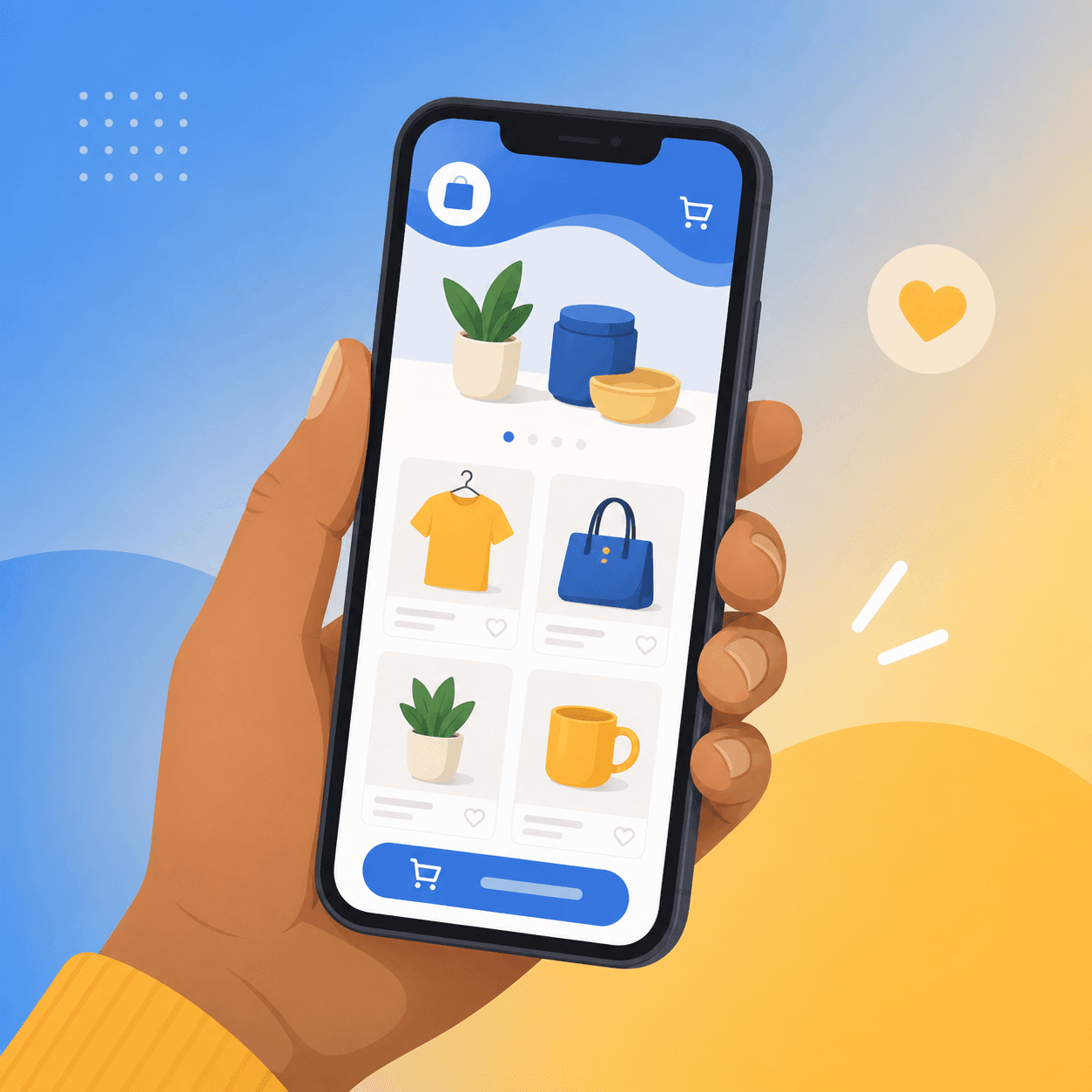 A smartphone displaying a simple online shop interface with product thumbnails and an add-to-cart button.