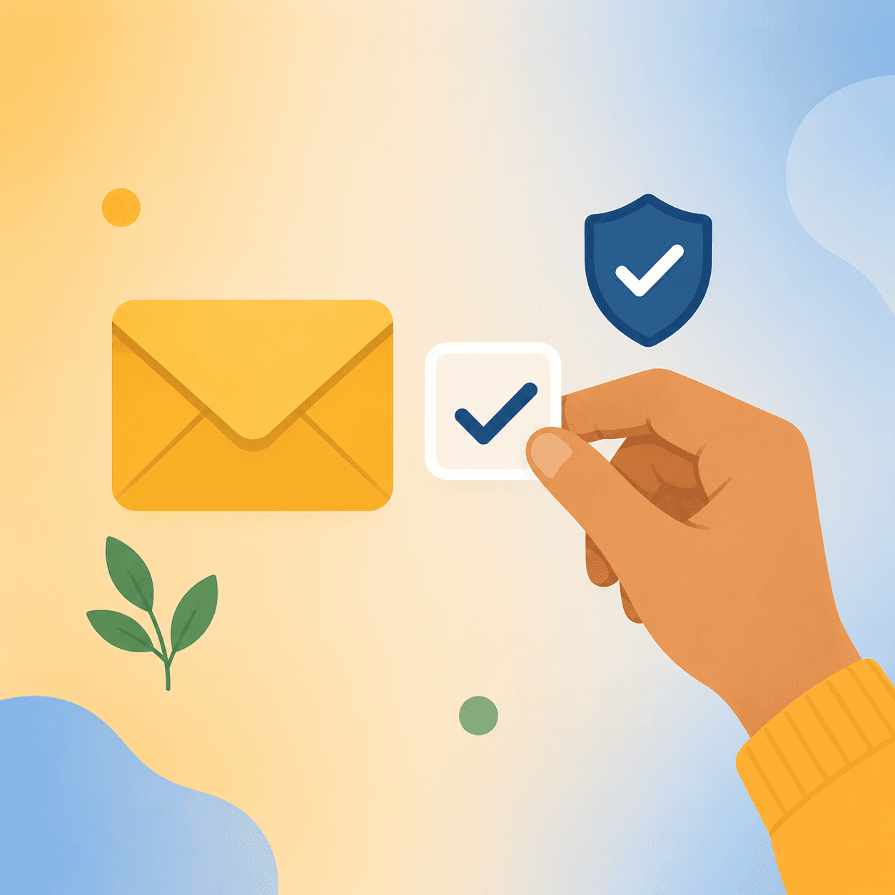 An illustration of a hand ticking a consent checkbox next to an email icon and a trust shield.