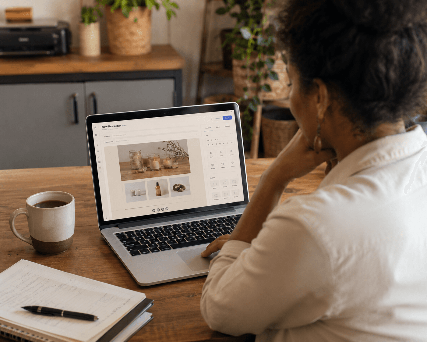 A South African small business owner editing an email newsletter on a laptop at a wooden desk.