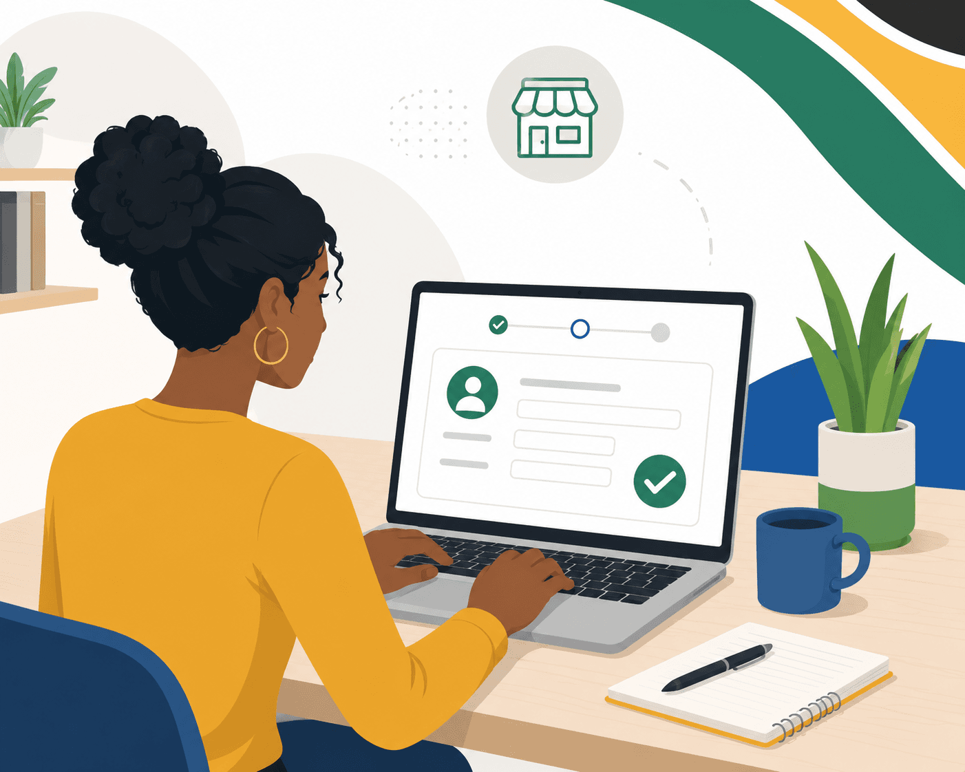 Illustration of a person completing an online business registration form on a laptop.