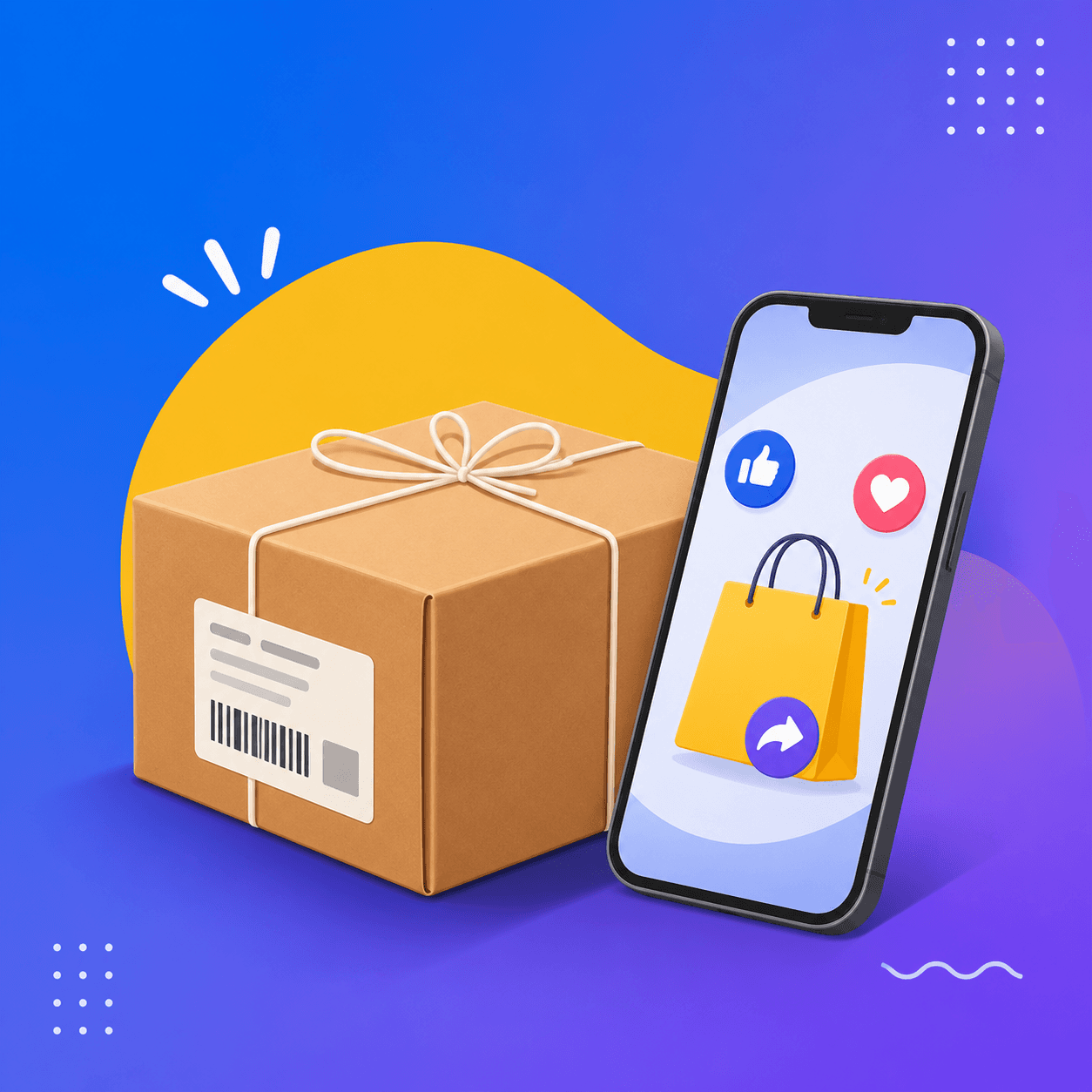 A wrapped parcel with a shipping label next to a smartphone showing social media and shopping icons.