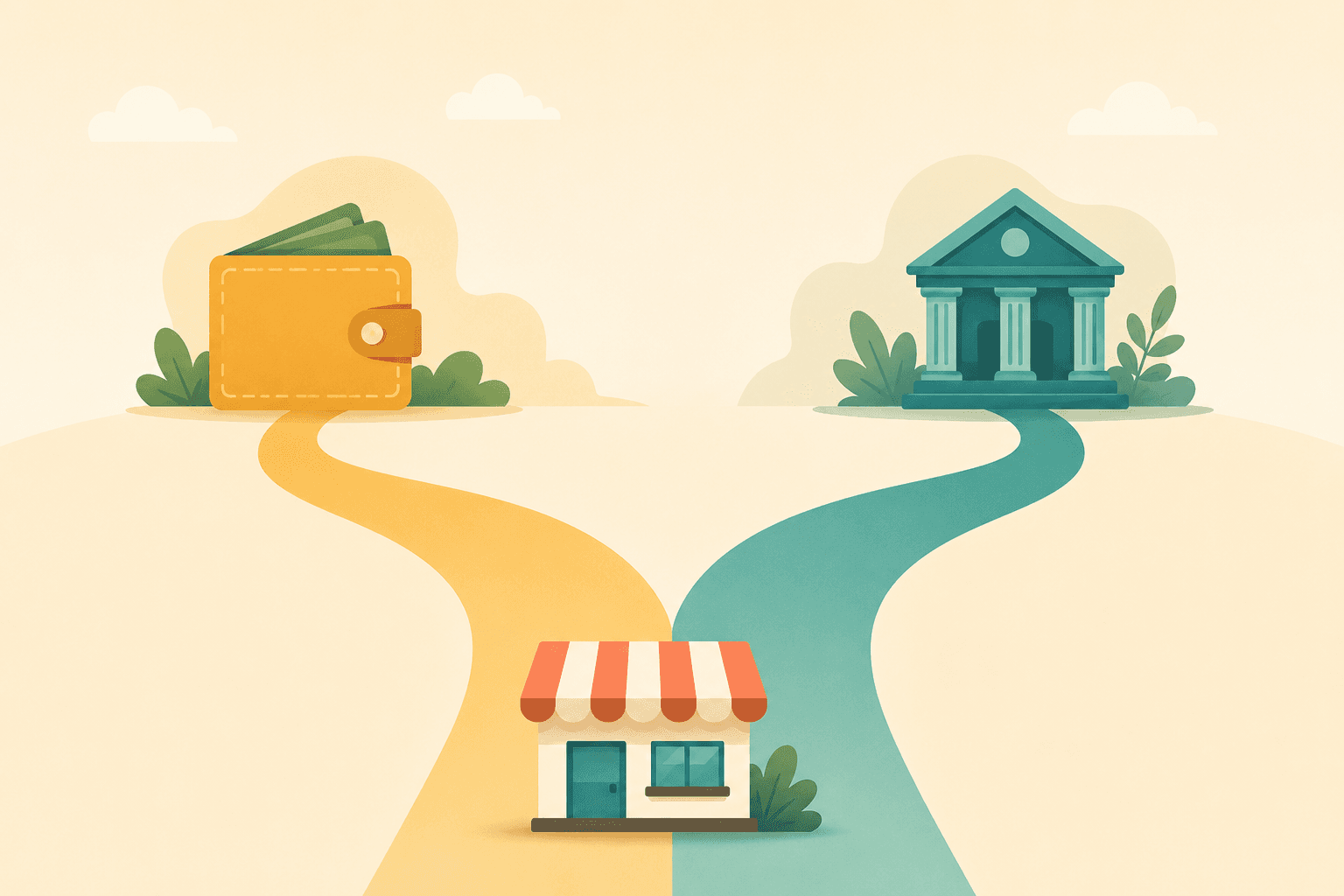 Illustration of two diverging paths, each leading to a different payment gateway logo, representing the choice between Payfast and Paystack.