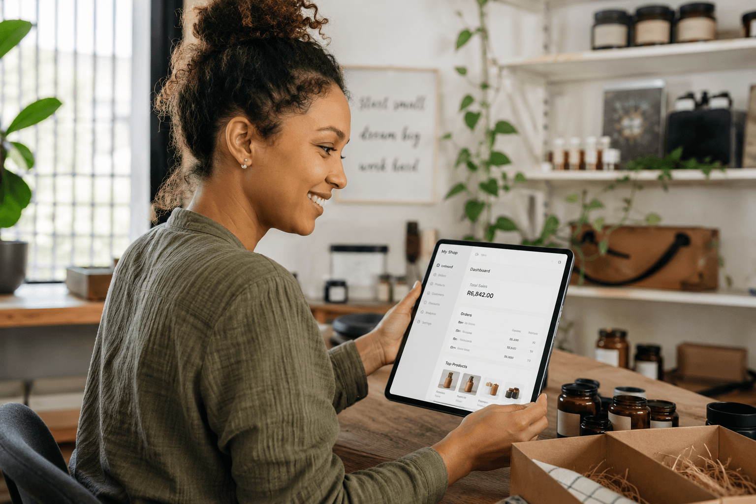 A South African small business owner smiling while checking her shop dashboard on a tablet.