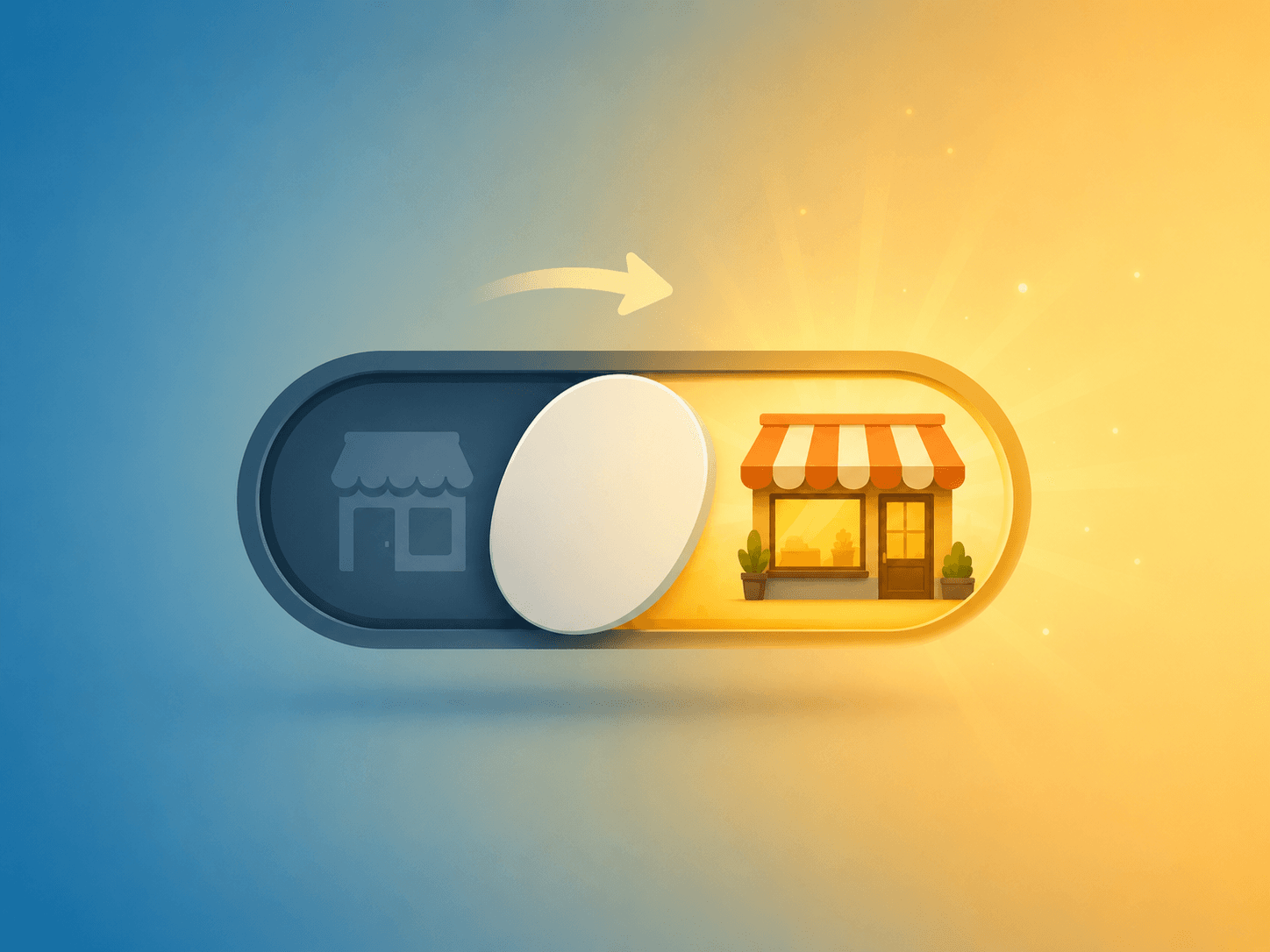 Illustration of a toggle switch mid-flip from off to on, with a storefront icon lighting up on the 'on' side.