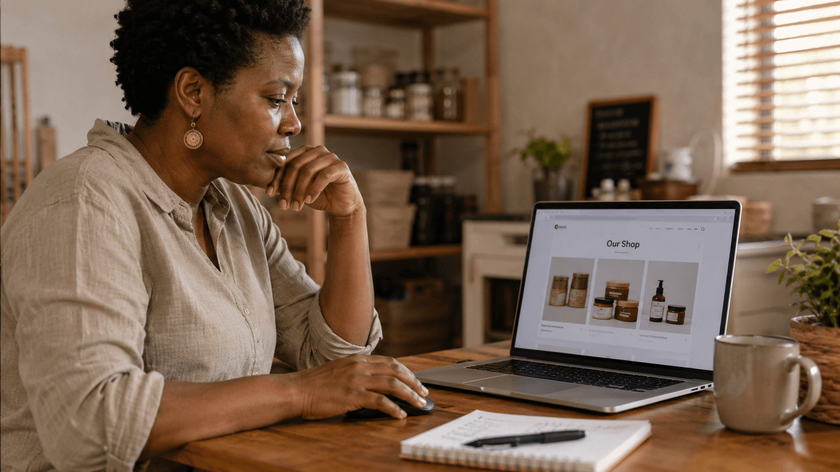 A South African small business owner sitting at a desk looking at a laptop showing a finished-looking online shop, hand paused over the mouse, not yet clicking.