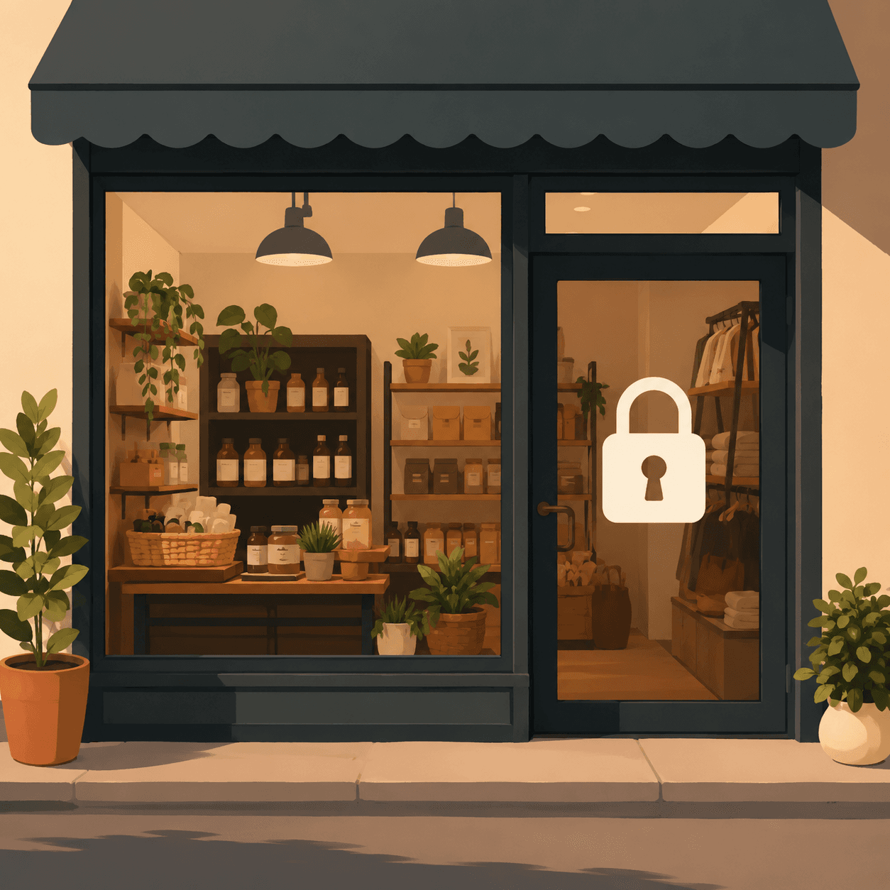 Illustration of a neat, well-stocked small shopfront window with a padlock icon overlaid on the door.